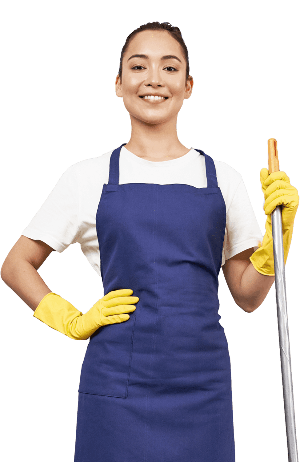 Happy Celesta Clean team member in apron and gloves holding a mop